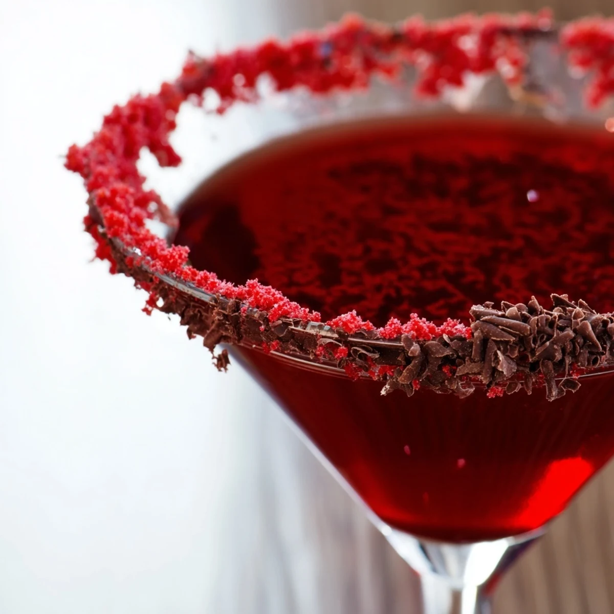 Two servings of the Decadent Red Velvet Martini beside a slice of cake and chocolate-dipped strawberries on a slate board.