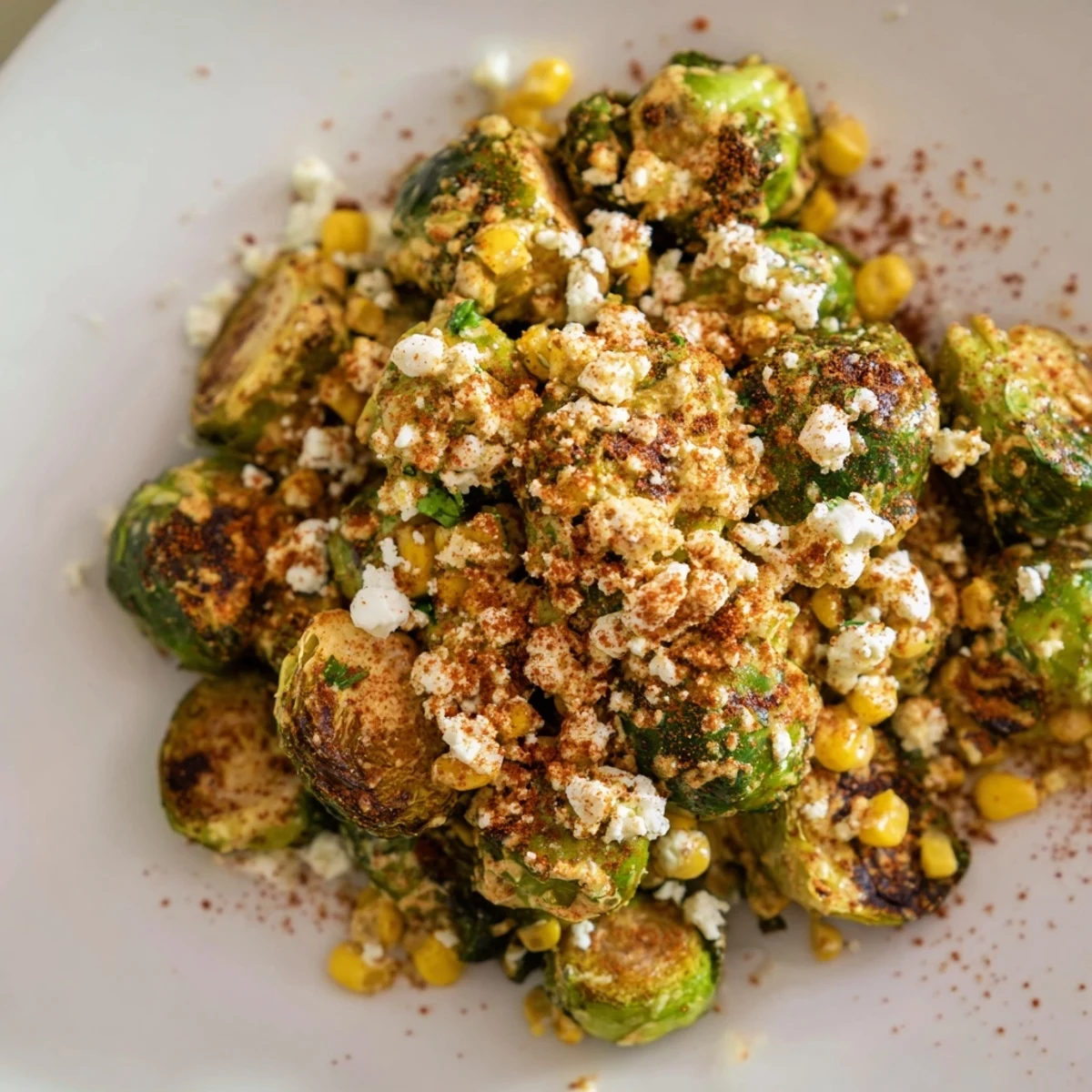 Roasted Brussels sprouts and charred corn in creamy Mexican Street Corn Brussels Sprouts Delight with cotija cheese and lime.