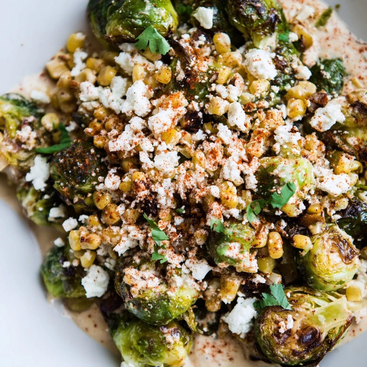 Golden Brussels sprouts tossed with chili powder and cotija in Mexican Street Corn Brussels Sprouts Delight on a platter.