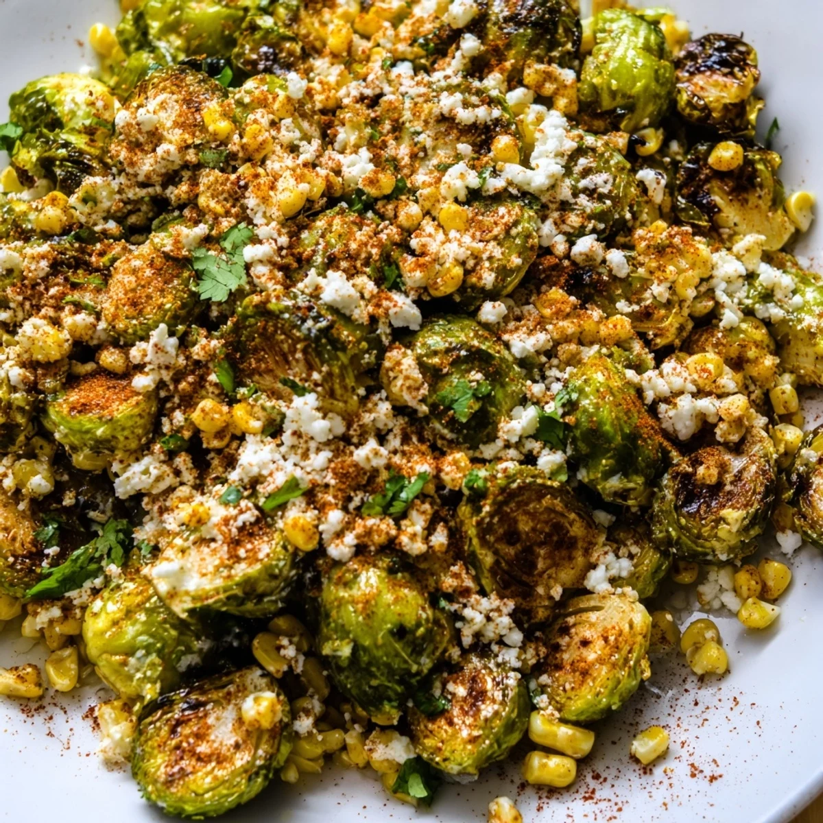Colorful bowl of Mexican Street Corn Brussels Sprouts Delight with creamy sauce, cilantro, and lime wedges for serving.