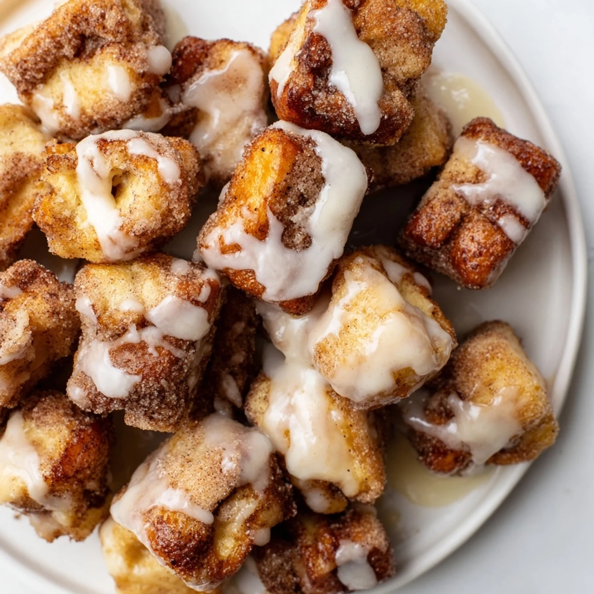 Golden brown Cinnamon Roll French Toast Bites glistening with a sweet vanilla glaze on a white plate.