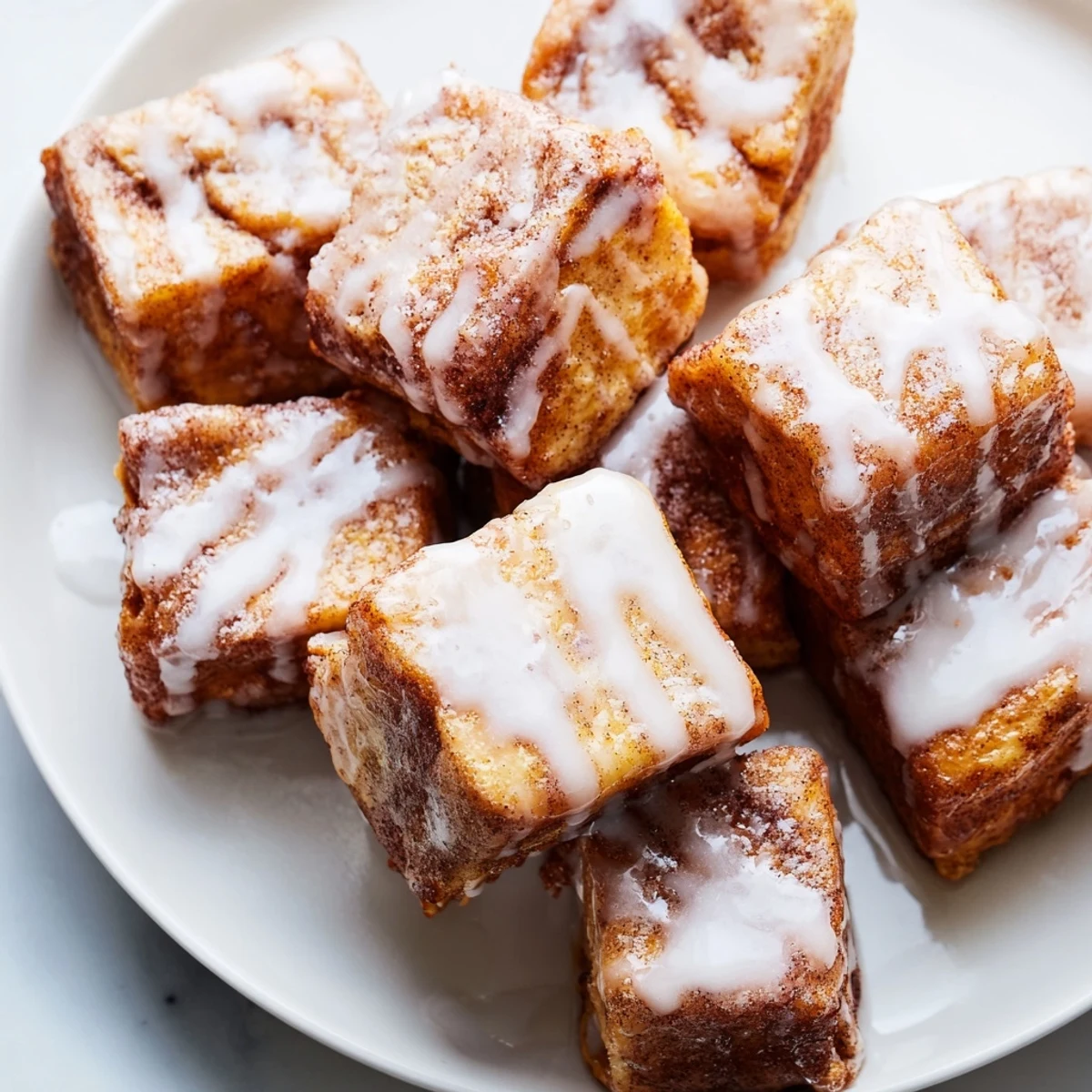 Warm Cinnamon Roll French Toast Bites drizzled with icing, served with fresh berries and coffee.