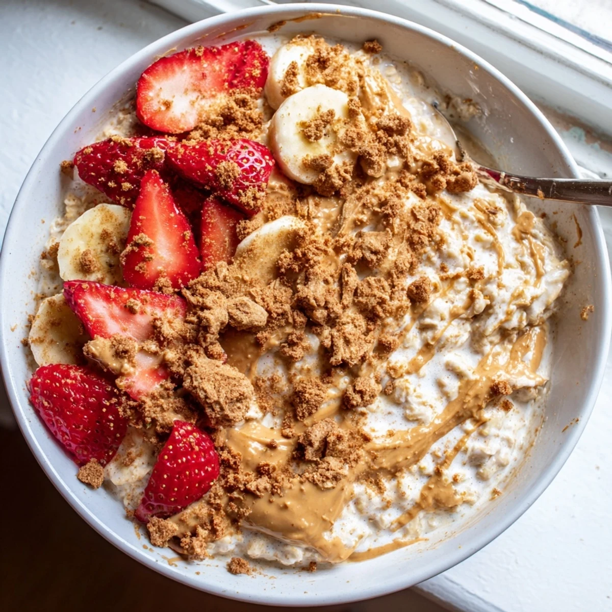 This creamy Quick Biscoff Overnight Oats breakfast jar features a rich drizzle and fresh berries for topping.