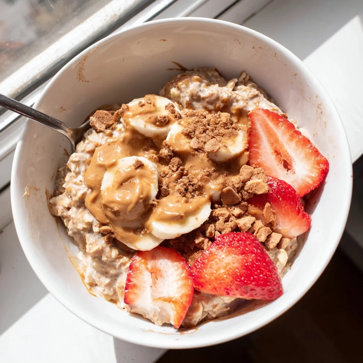 A jar of Quick Biscoff Overnight Oats topped with crushed cookies and sliced banana, ready to eat.