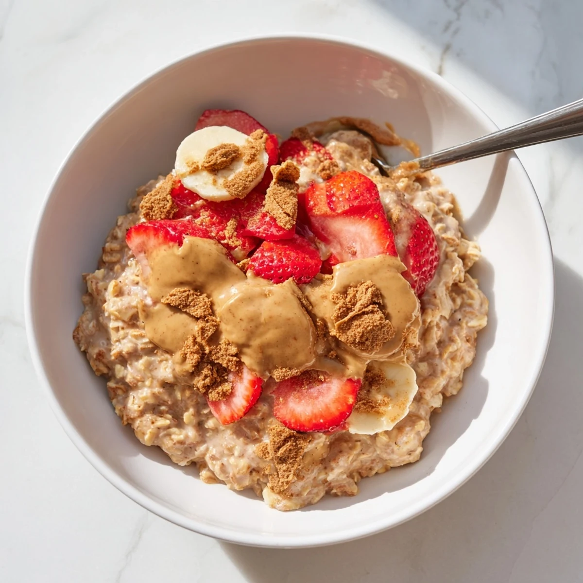 Visualize a chilled bowl of Quick Biscoff Overnight Oats with oats, Greek yogurt, and a cookie crumble garnish.