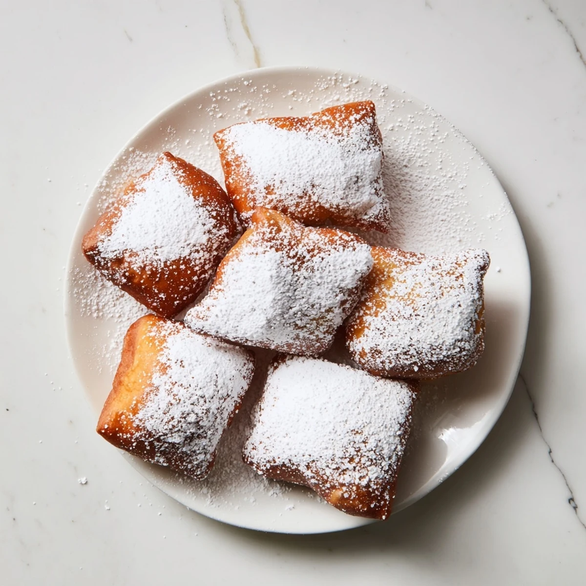 A close-up shows pillowy Vanilla French Beignets with a light dusting, perfect for breakfast or dessert.