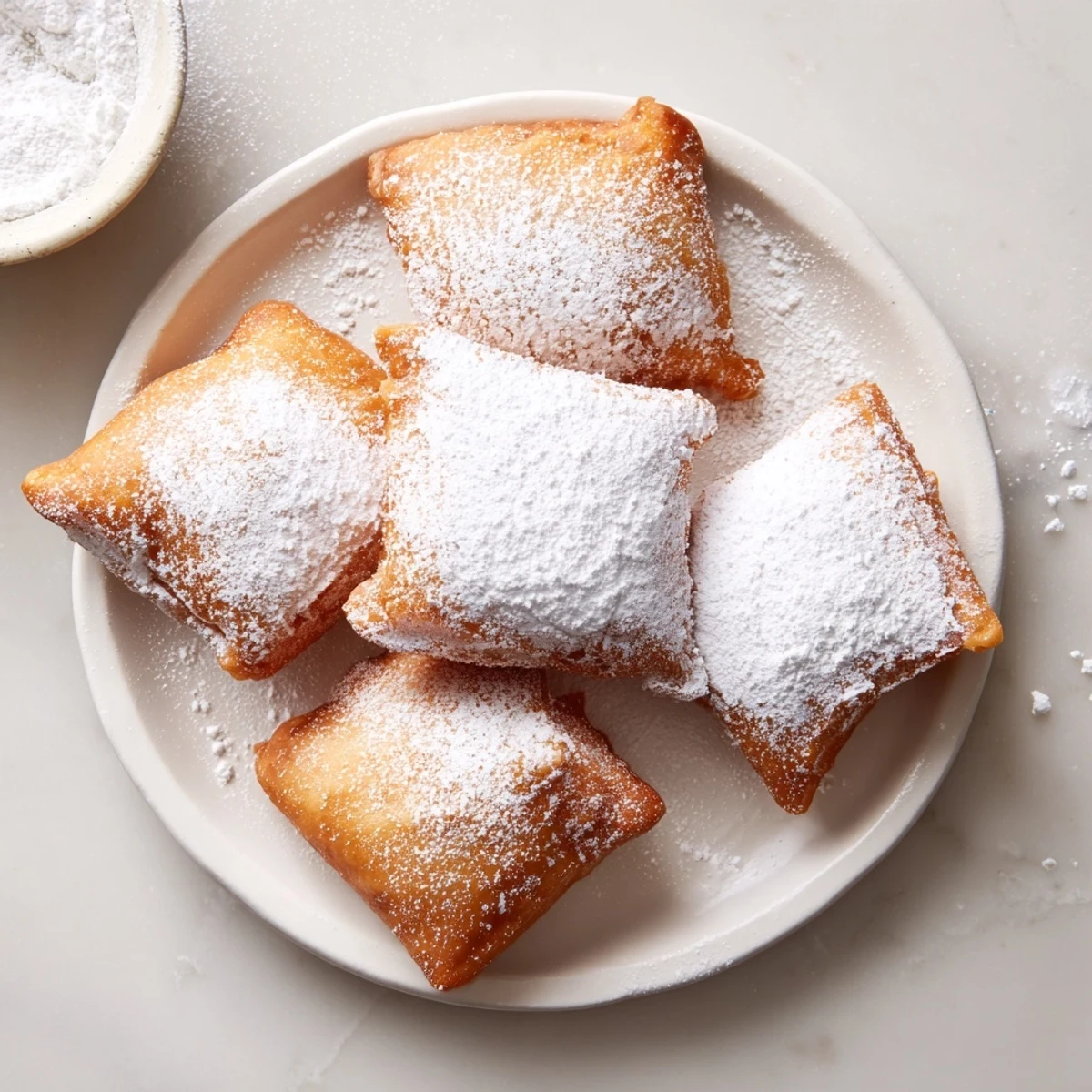 Freshly fried Vanilla French Beignets sit on a plate, their soft texture visible under powdered sugar.  
