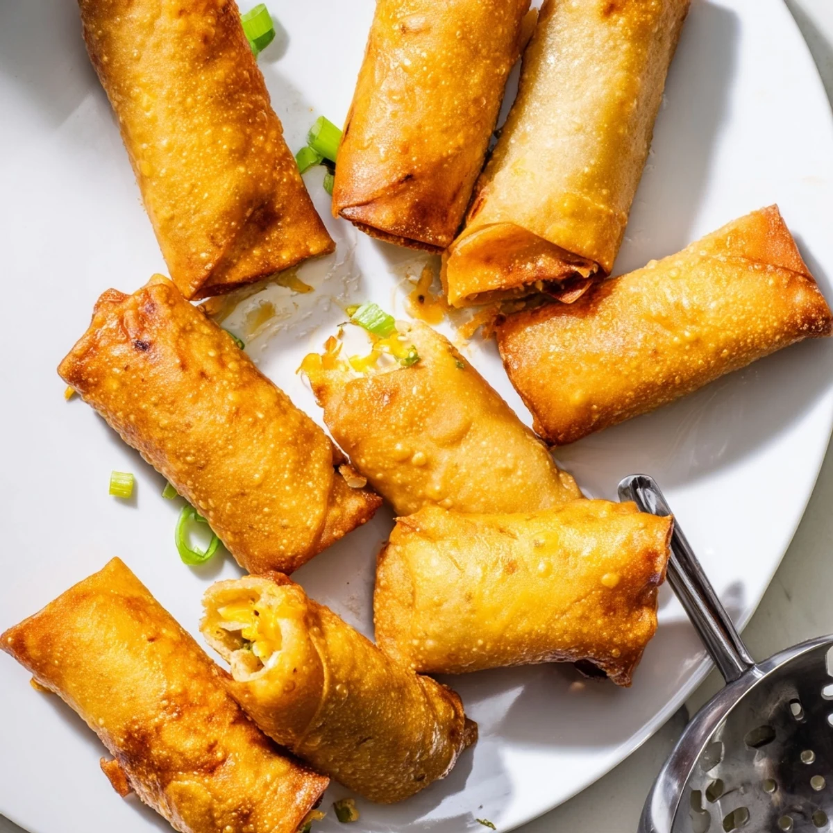 Crispy golden Mini Jalapeño Popper Egg Rolls stacked on a plate with ranch dip, ready to serve at a party.