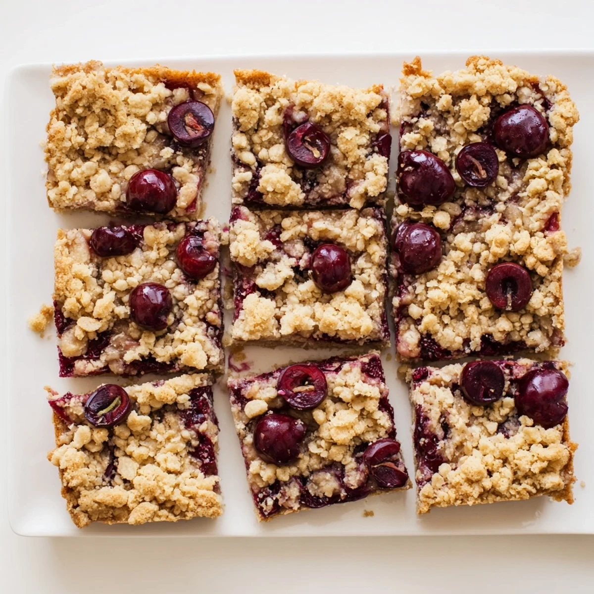 Crumbly Cherry Crumble Bars beside a scoop of vanilla ice cream for serving.