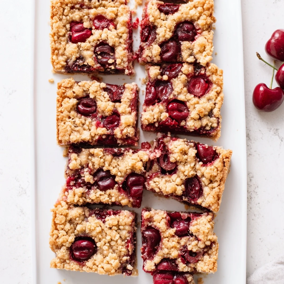 Golden-brown Cherry Crumble Bars with a sweet-tart cherry filling on a rustic wooden board.