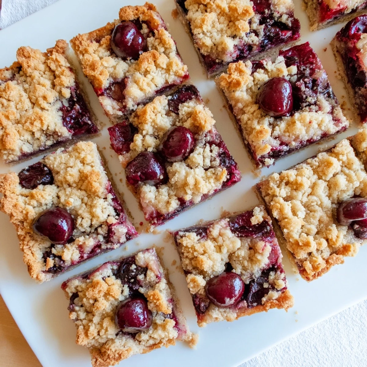 Cherry Crumble Bars arranged on a white plate with powdered sugar and a cherry garnish.
