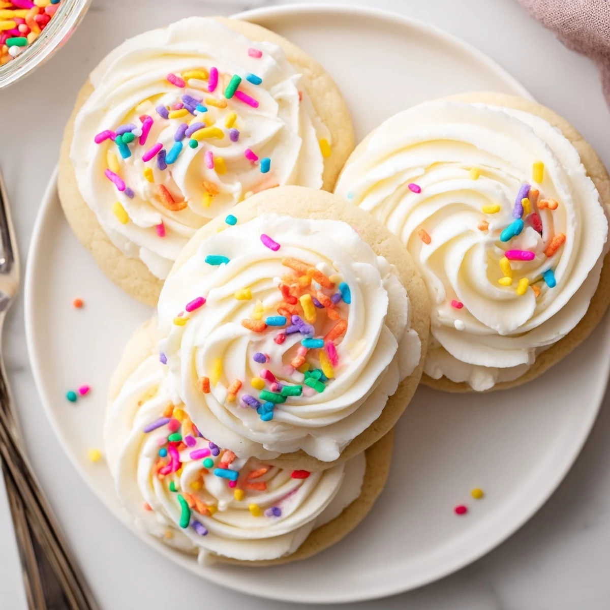 Fluffy Walmart-Style Sugar Cookies with Buttercream Frosting stacked on a cooling rack.