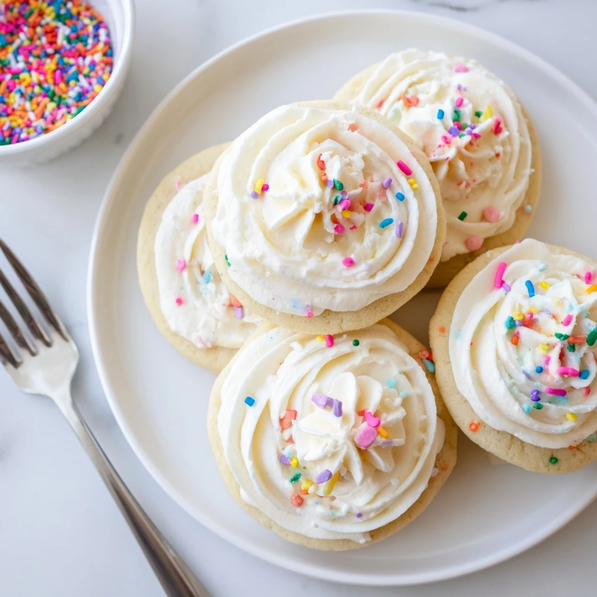 Freshly baked Walmart-Style Sugar Cookies with creamy buttercream frosting displayed on a white plate.
