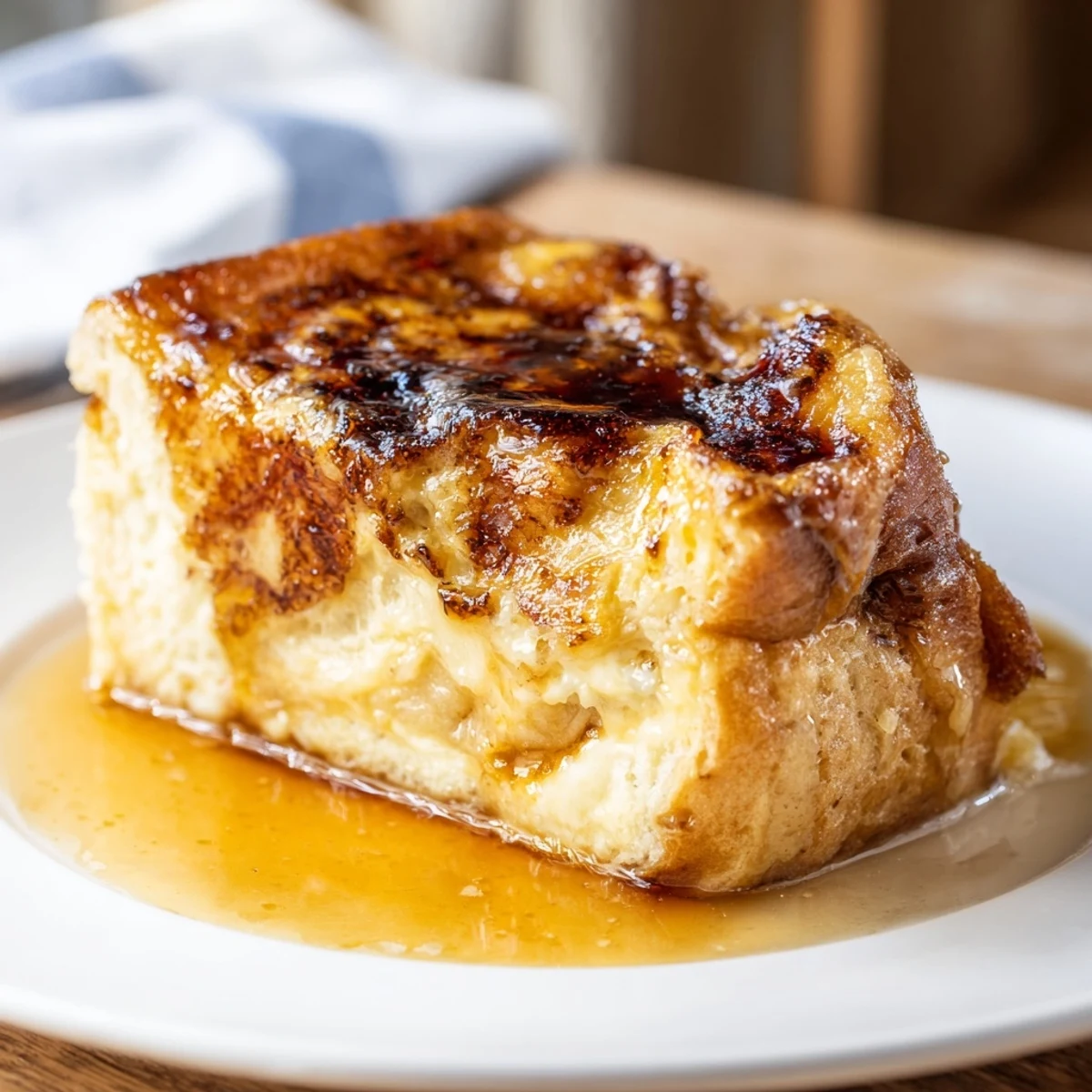 Creamy Crème Brûlée French Toast with a crisp, crackly sugar topping, plated with fresh berries and a drizzle of warm custard.