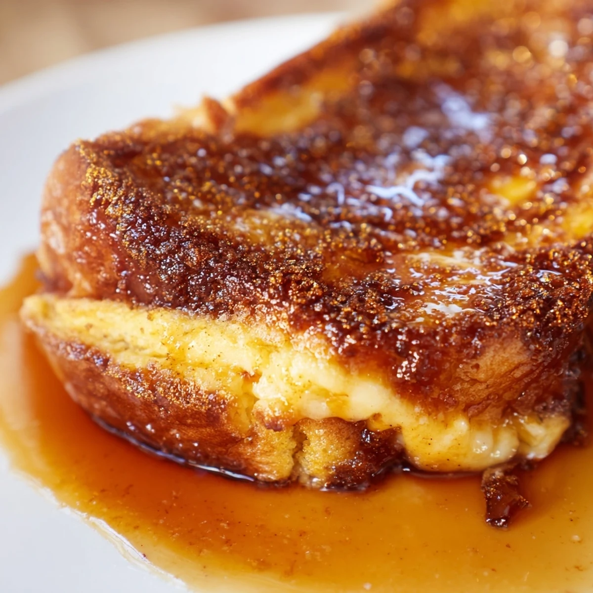 Golden Crème Brûlée French Toast slices baked in a caramelized brown sugar sauce, dusted with torched sugar crust and served warm.