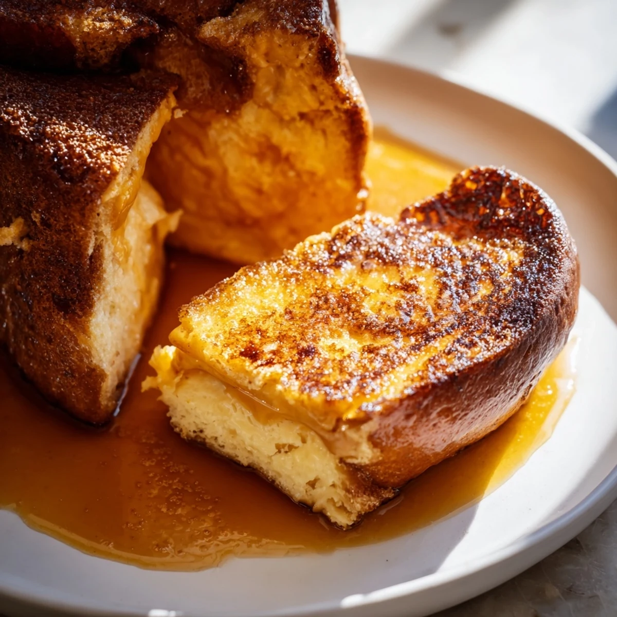 Baked Crème Brûlée French Toast in a 9x13 dish, featuring brioche soaked overnight in vanilla custard and finished under the broiler.