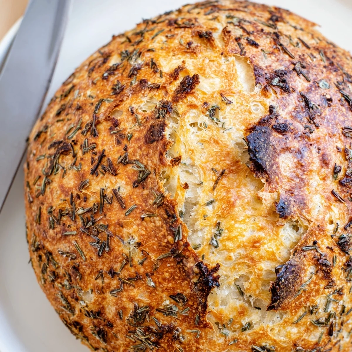 A rustic No Knead Dill Gouda Artisan Bread loaf with a golden crust, fresh dill specks, and melted cheese, ready to slice.  