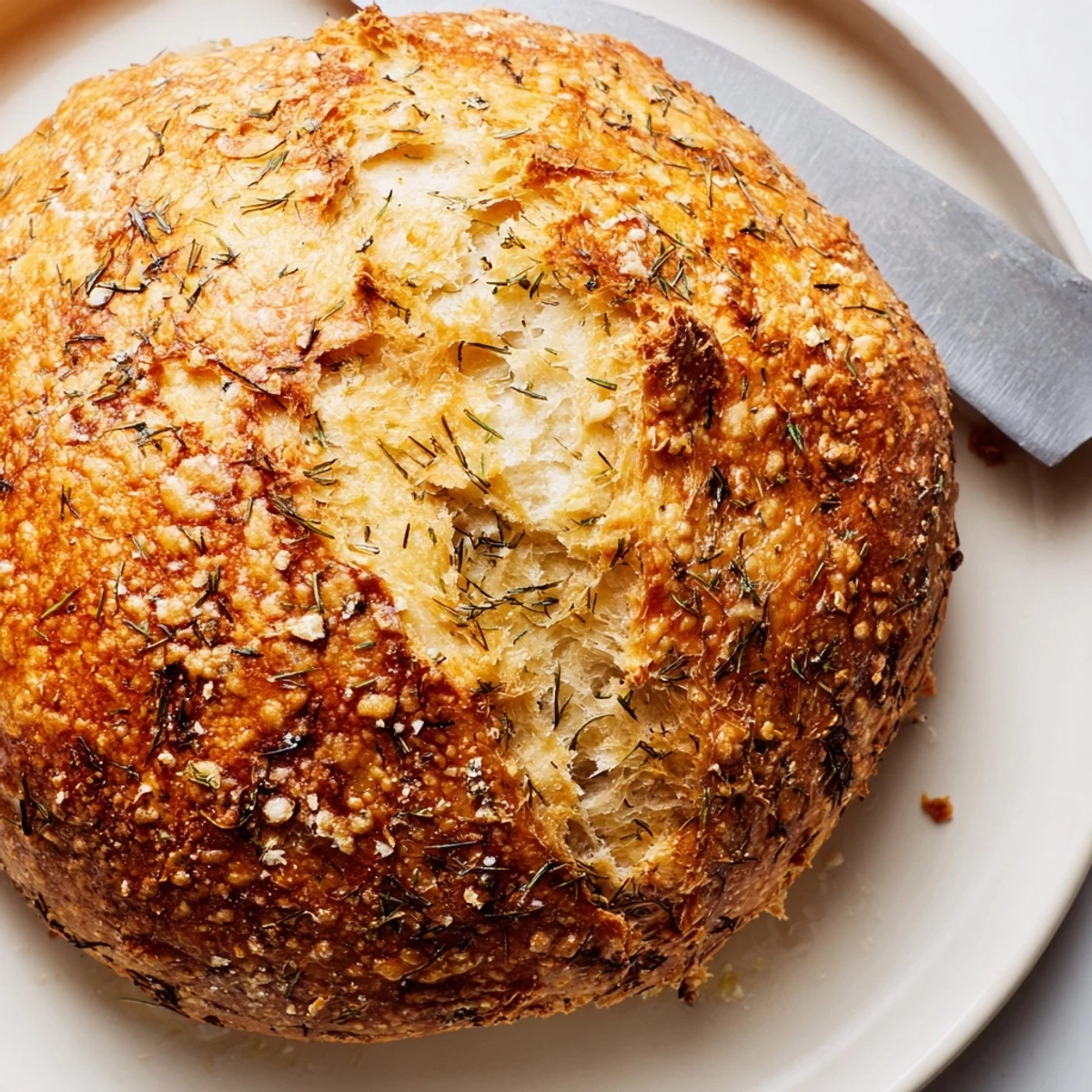The No Knead Dill Gouda Artisan Bread sits on a wooden board, steam rising from the soft, cheesy interior after baking.  
