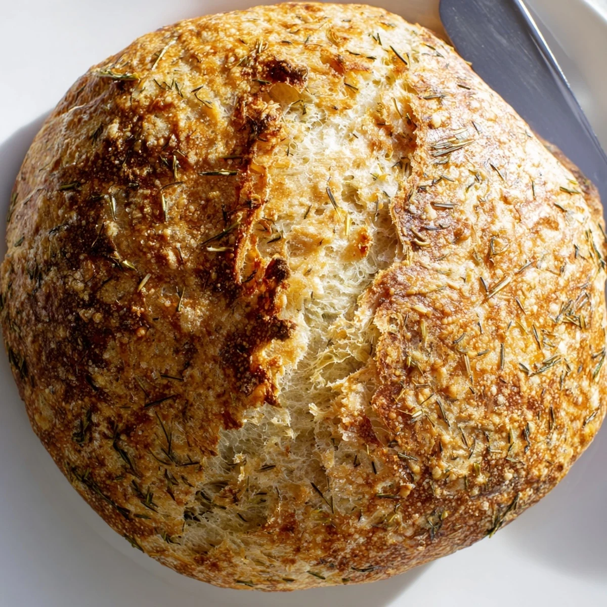 Slices of No Knead Dill Gouda Artisan Bread are plated beside a steaming bowl of soup, highlighting its dill-flecked crumb.