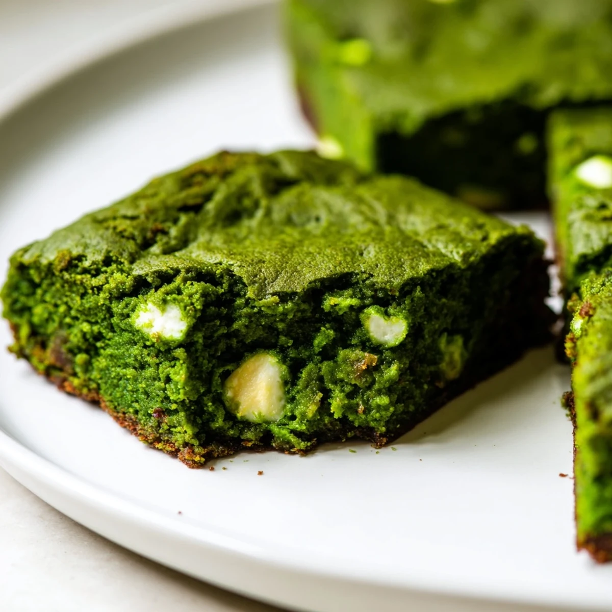 Sliced Matcha Brownies reveal a vibrant green crumb studded with creamy white chocolate chunks on a rustic cutting board.