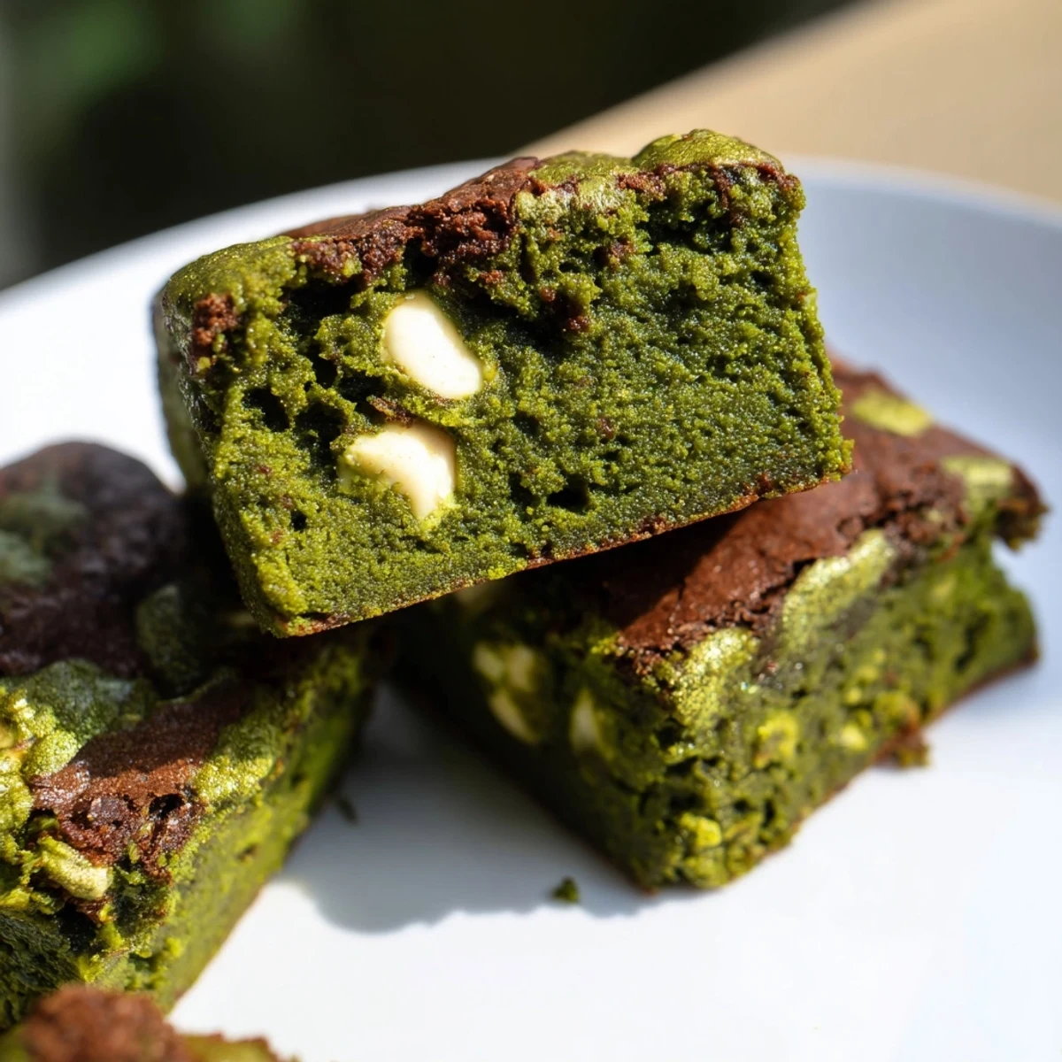 Matcha Brownies sit on a cooling rack with cracked tops, showcasing their fudgy texture and rich, earthy green tea flavor.