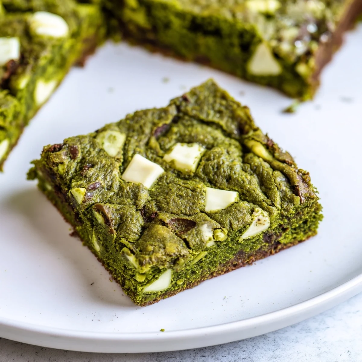 A close-up of Matcha Brownies highlights glossy white chocolate drizzle over dense squares, ready for serving with a cold glass of milk.