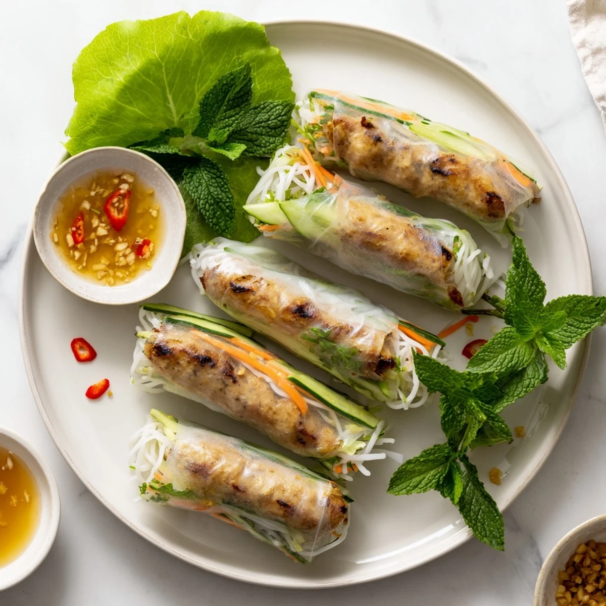 Grilled Nem Nuong spring rolls with fresh herbs and vermicelli noodles on a white plate.