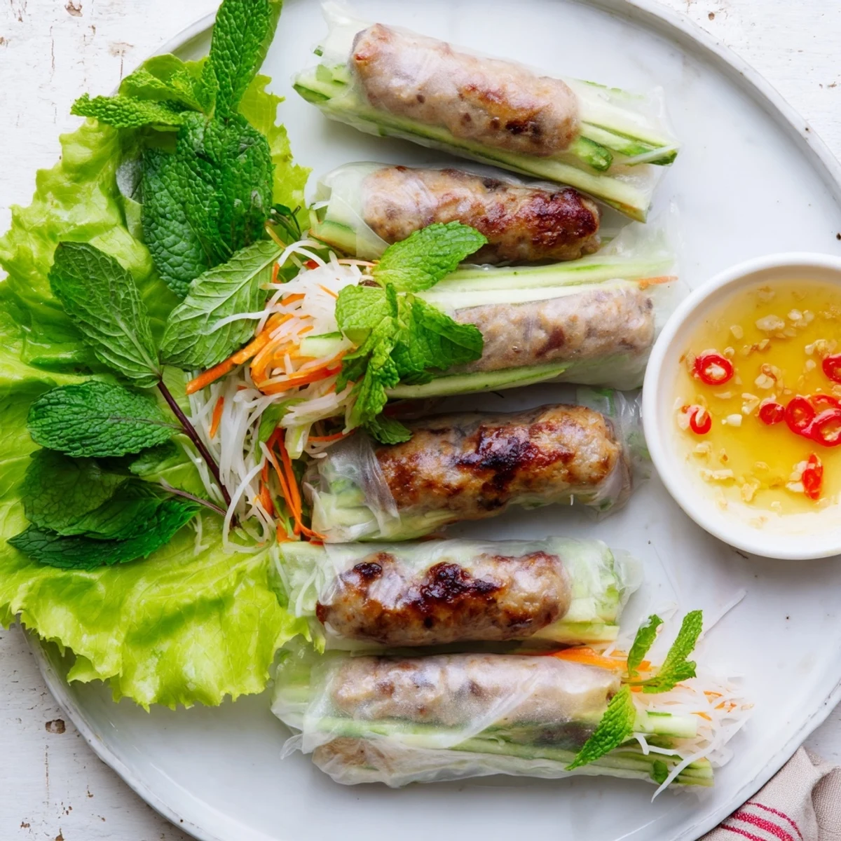 Fresh Nem Nuong spring rolls served with cucumber carrots and savory nuoc cham dipping sauce.