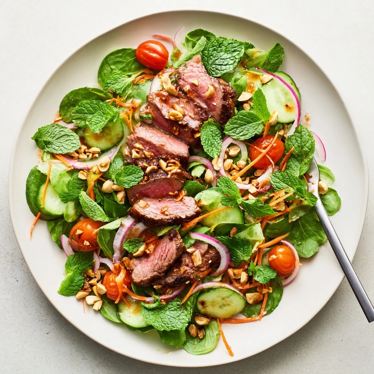 Vietnamese Beef and Watercress Salad in a white bowl with crisp watercress, cucumber, and chopped peanuts for garnish.