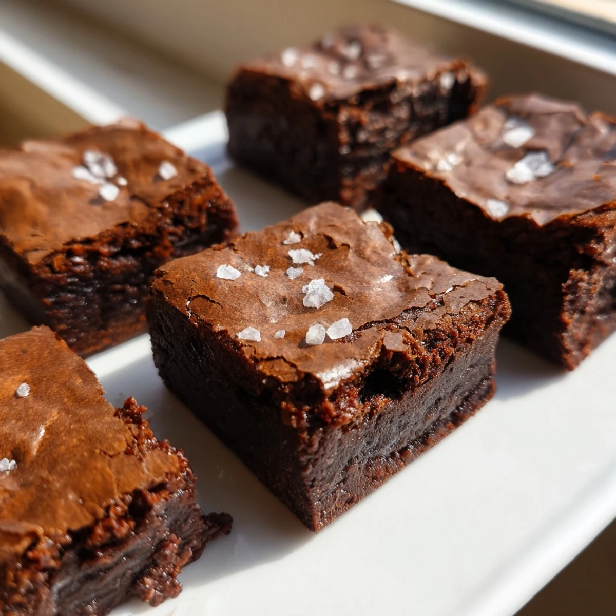 Sliced squares of fudgy brown butter mochi brownies reveal a chewy, glossy interior on a white plate.