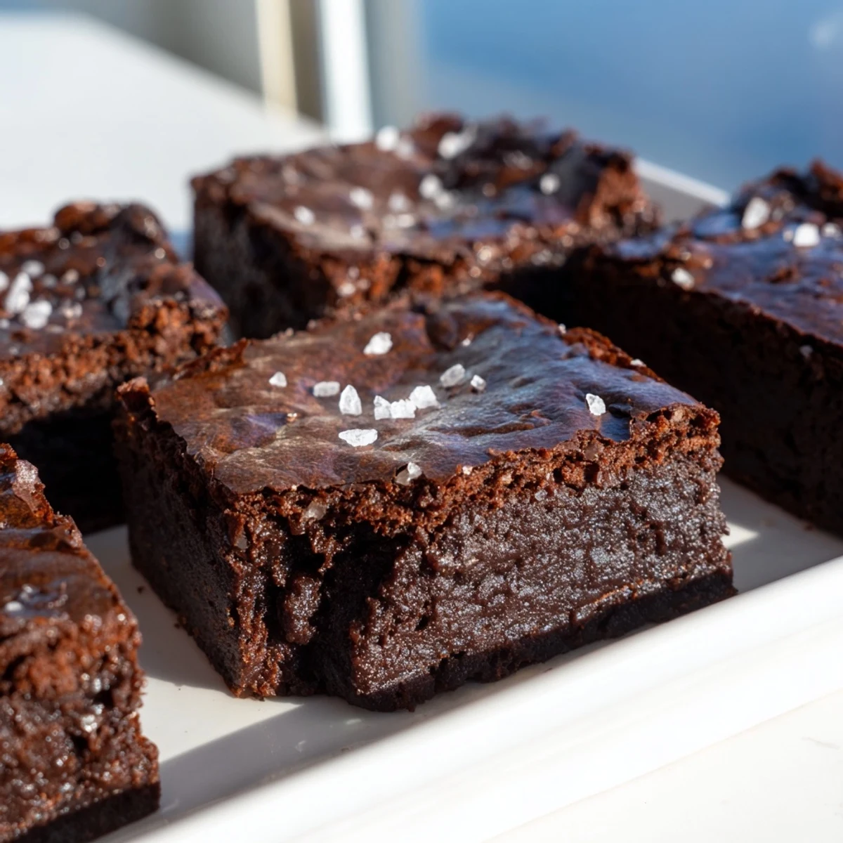 Freshly baked fudgy brown butter mochi brownies topped with flaky sea salt beside a steaming cup of coffee.