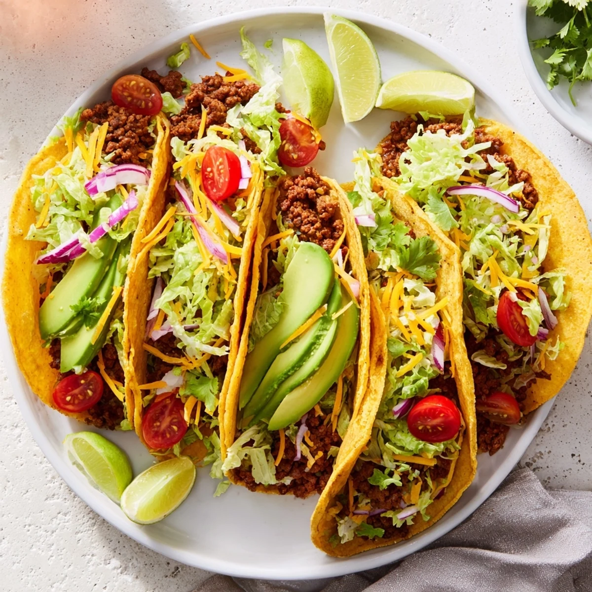 A close-up of Vegetarian Ground Beef Tacos, filled with seasoned meat substitute, fresh lettuce, and creamy avocado slices.