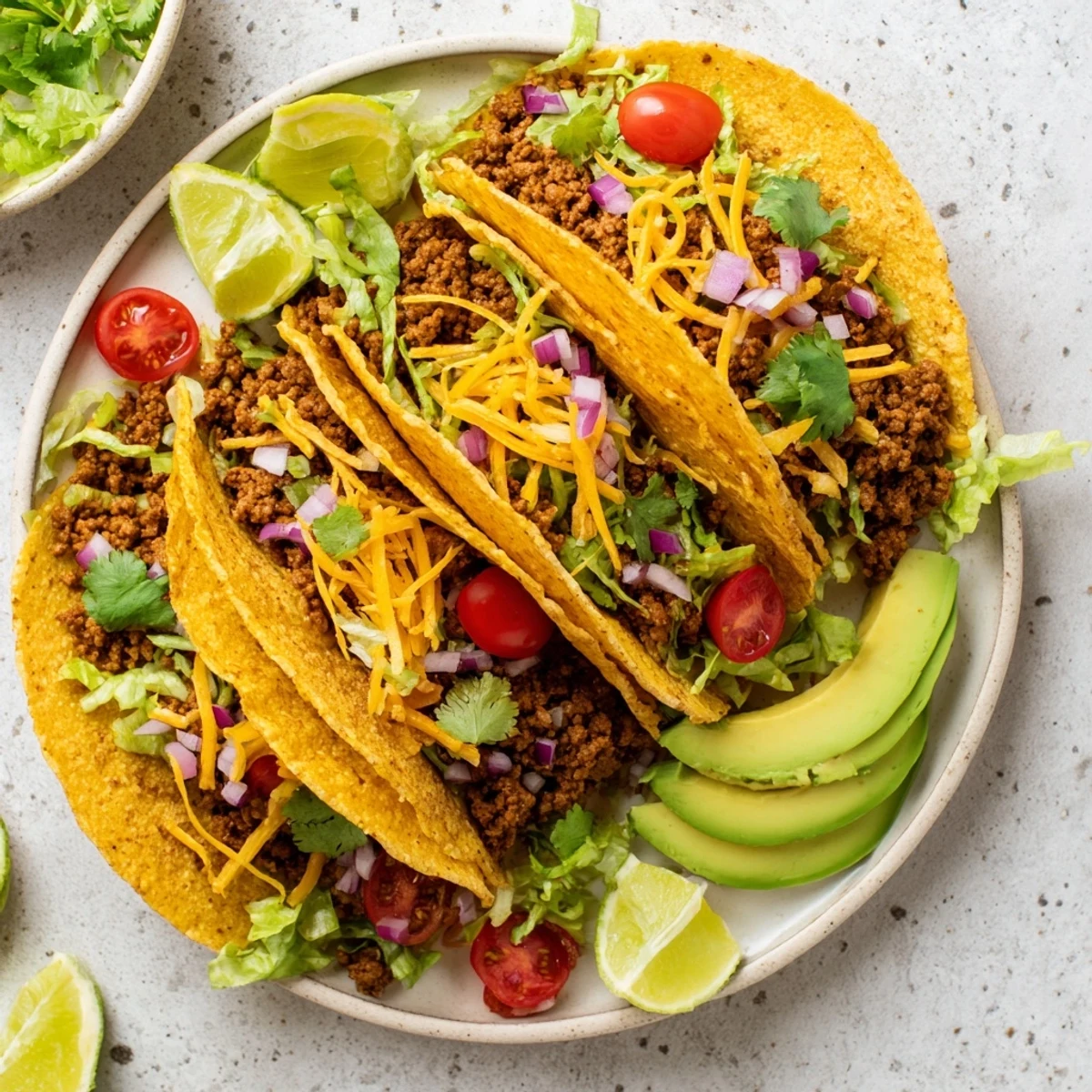 Homemade Vegetarian Ground Beef Tacos with lime wedges on the side, ready to be enjoyed for dinner.