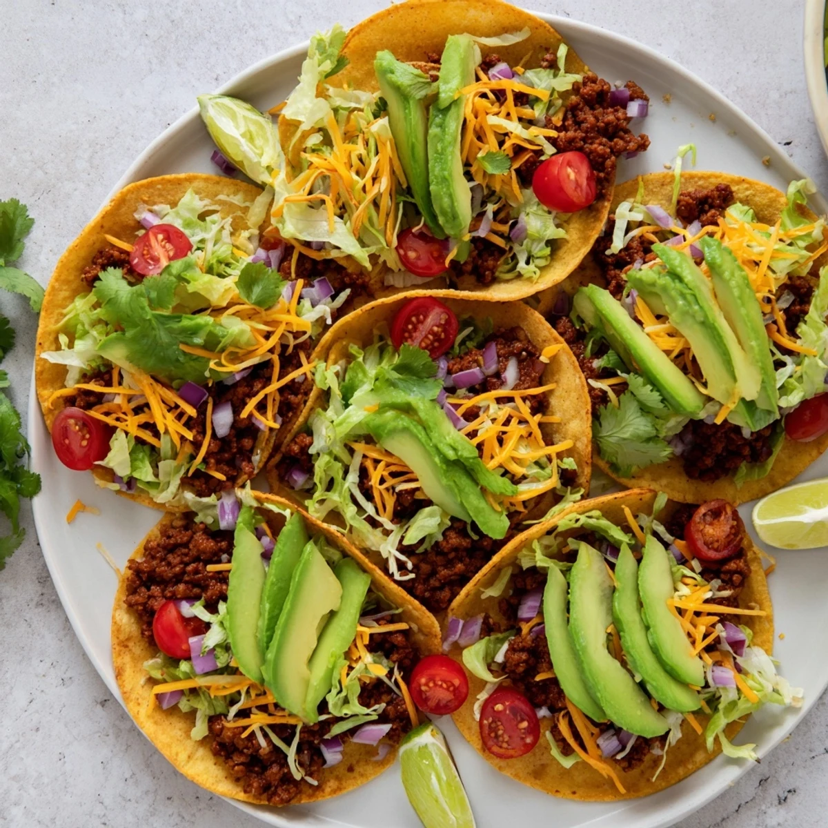 A delicious serving of Vegetarian Ground Beef Tacos topped with cherry tomatoes, shredded cheese, and cilantro on a plate.