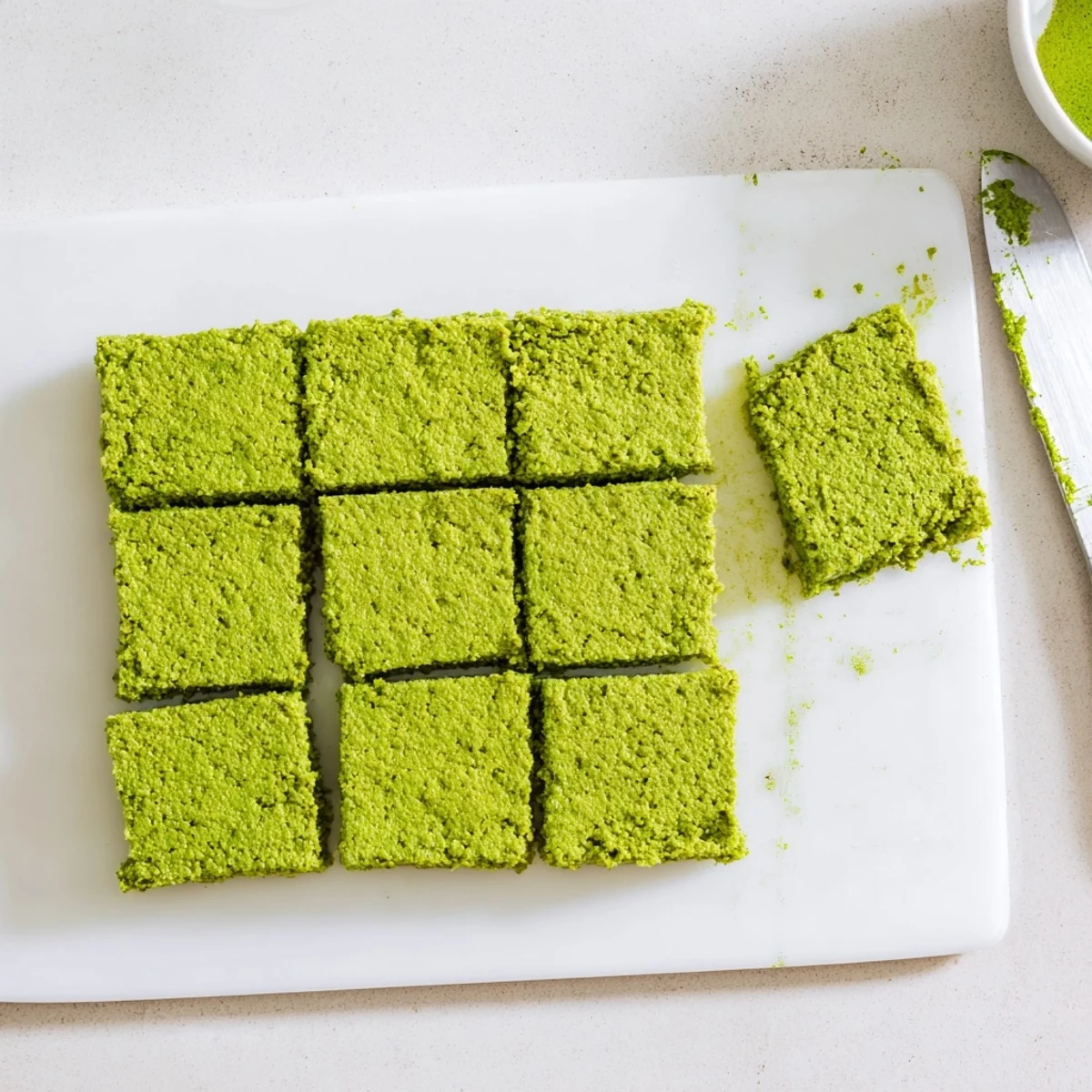 Freshly sliced 5-Ingredient Matcha Halva squares showing a vibrant green hue and crumbly texture, served on a rustic wooden board.