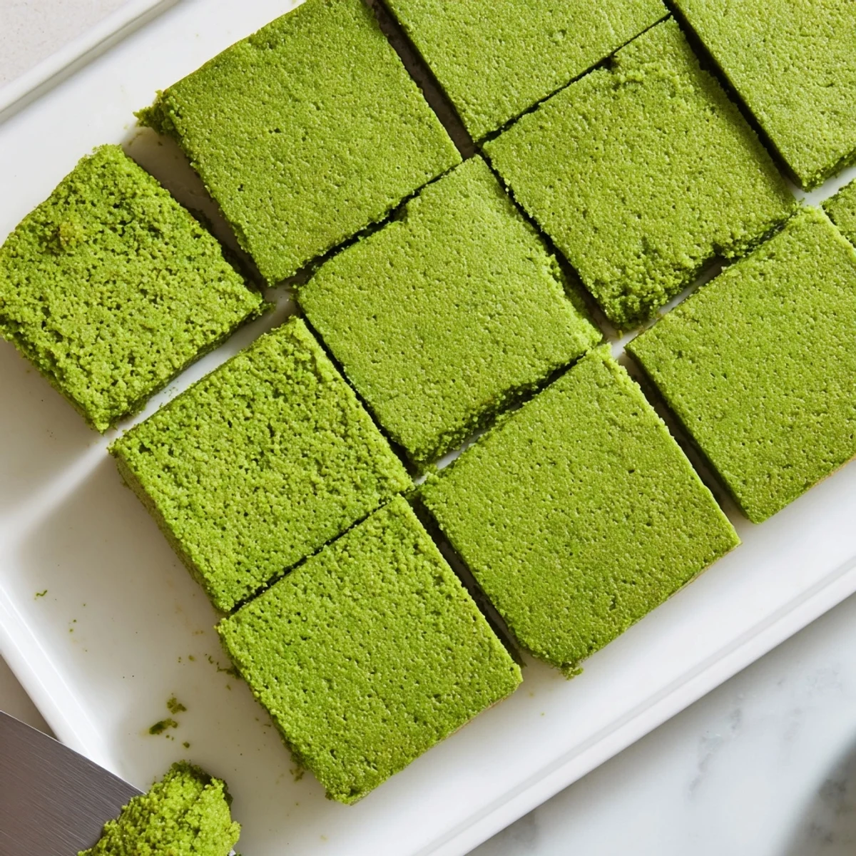 Close-up view of 5-Ingredient Matcha Halva in a loaf pan, highlighting the smooth, matte finish and rich tahini matcha blend.