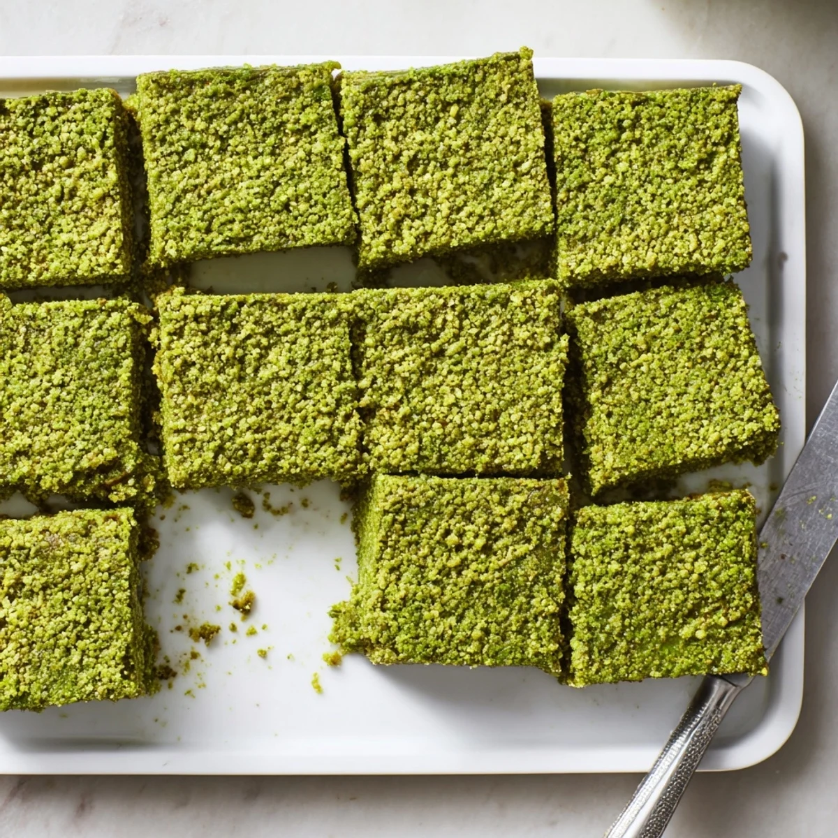 A delicate piece of 5-Ingredient Matcha Halva garnished with crushed pistachios, ready to serve as a gluten-free dessert.