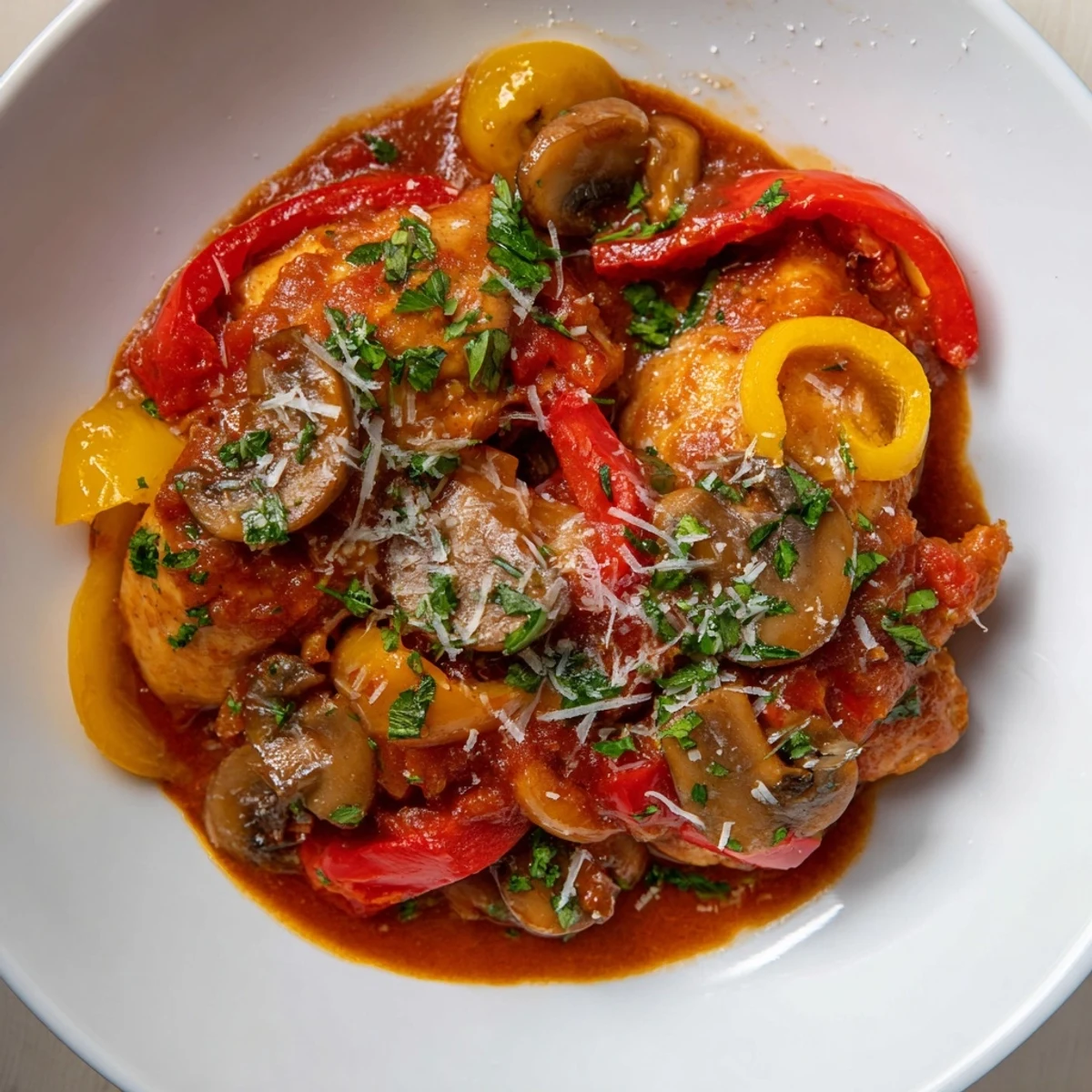 Tender Slow Cooker Chicken Cacciatore with rich tomato sauce, olives, and herbs over polenta.