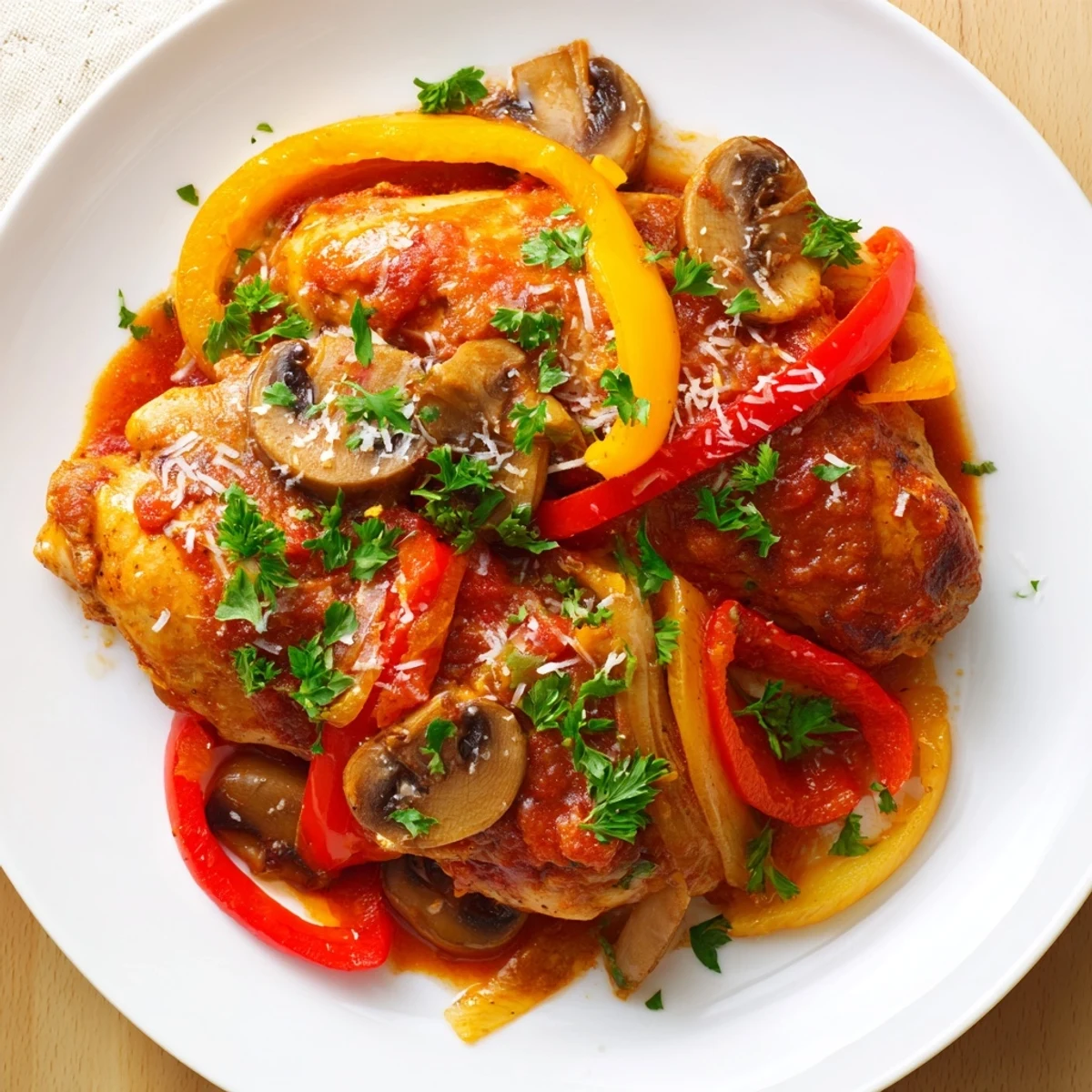A serving of Slow Cooker Chicken Cacciatore in a rustic bowl with crusty bread.