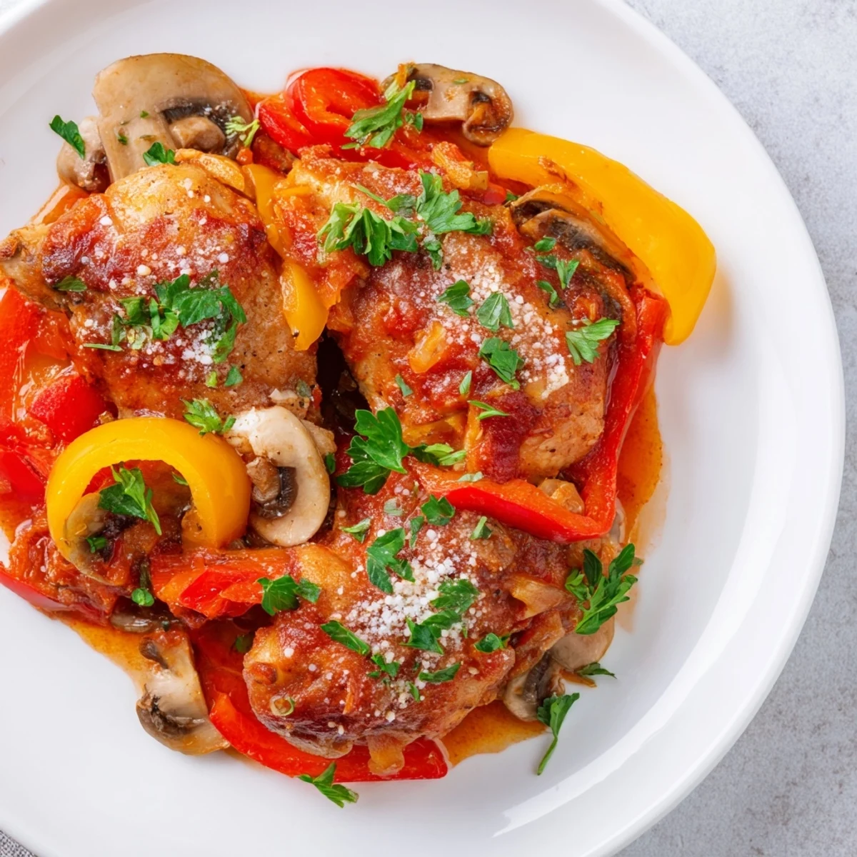 Hearty Slow Cooker Chicken Cacciatore simmering with bell peppers and onions, garnished with fresh parsley.