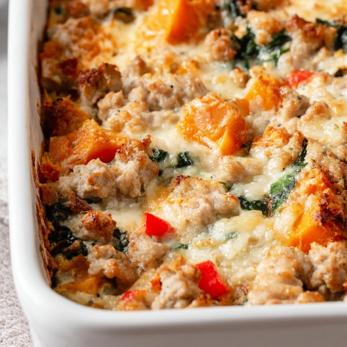 A close-up of Ground Turkey Sweet Potato Bake bubbling with melted mozzarella and Parmesan, steam rising from the golden top.