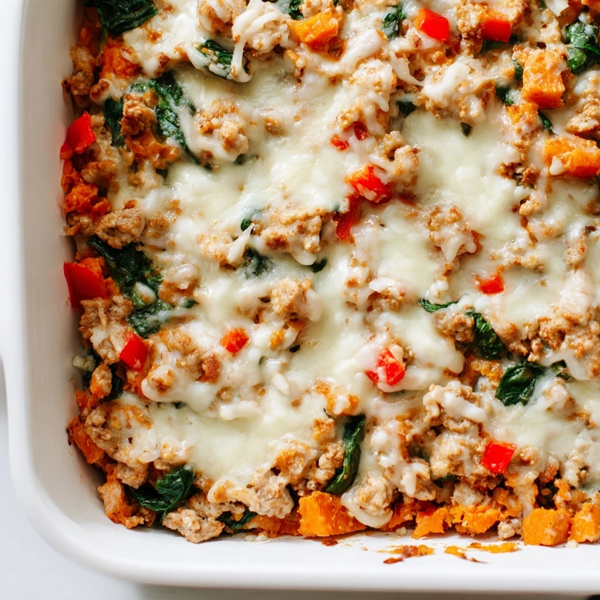 The finished Ground Turkey Sweet Potato Bake served in a white casserole dish, garnished with fresh herbs and a side salad.