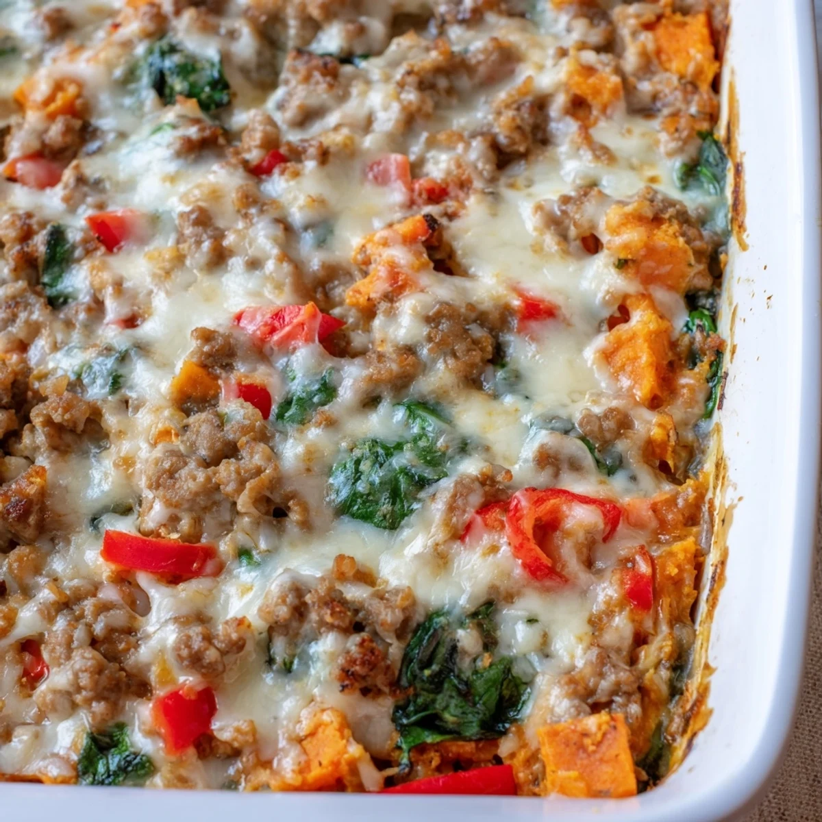 Ground Turkey Sweet Potato Bake cooling on a wire rack, showing colorful layers of sweet potatoes, turkey, and wilted spinach.