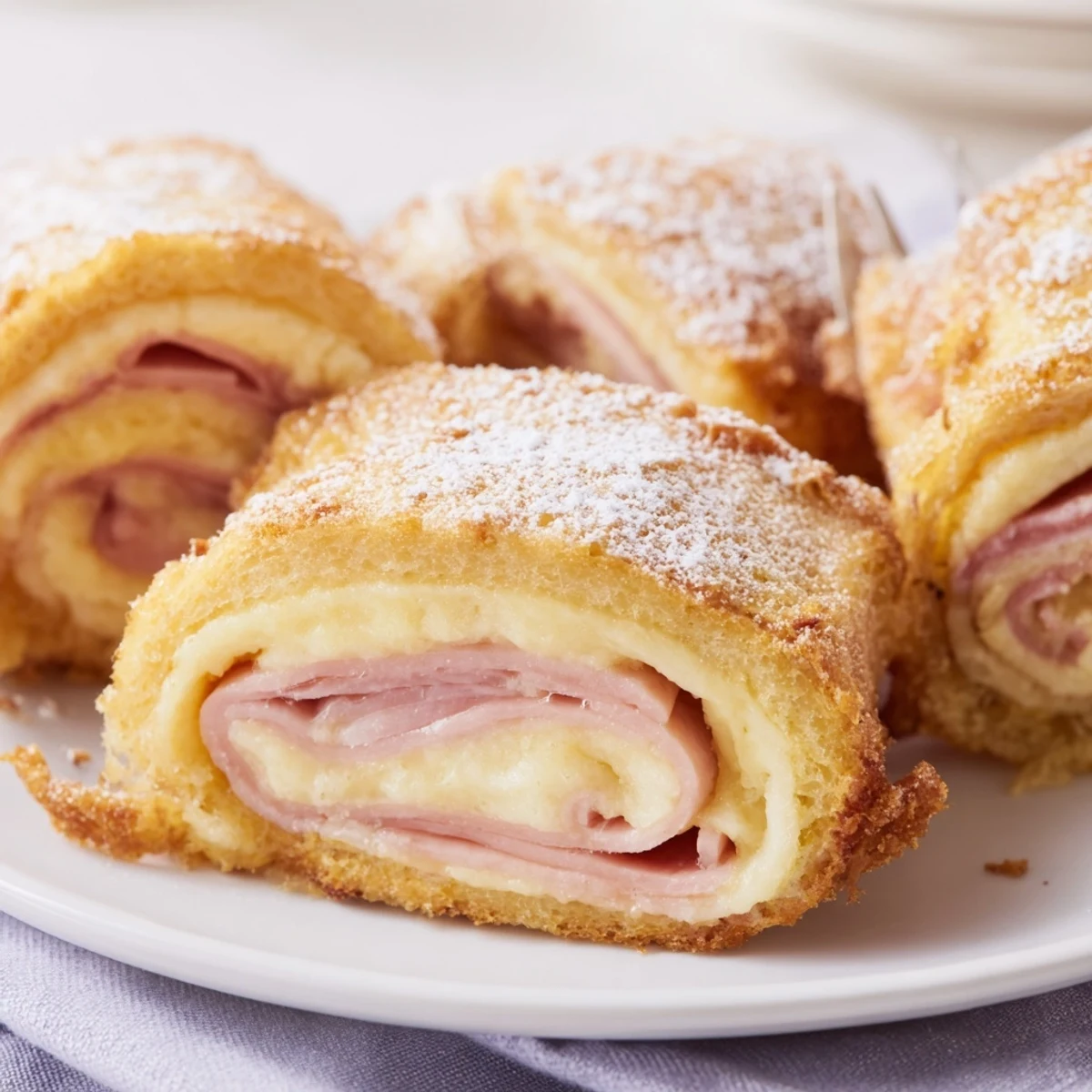 Golden-brown Monte Cristo Roll Ups dusted with powdered sugar, served with raspberry jam for dipping on a rustic plate.