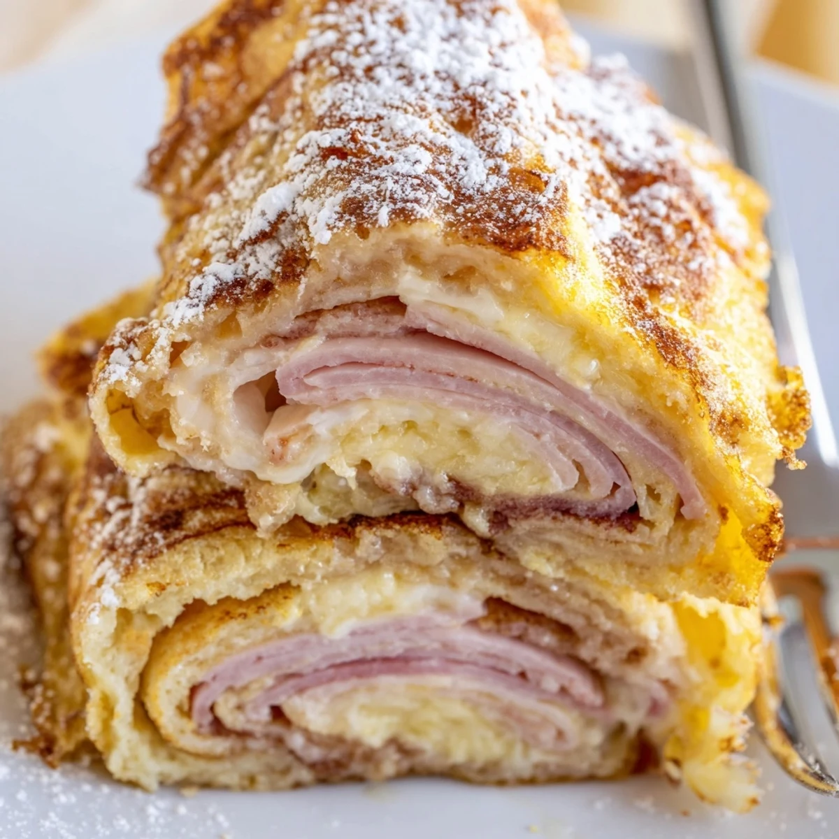 Freshly cooked Monte Cristo Roll Ups, golden and crispy from the pan, ready to be enjoyed warm for brunch.