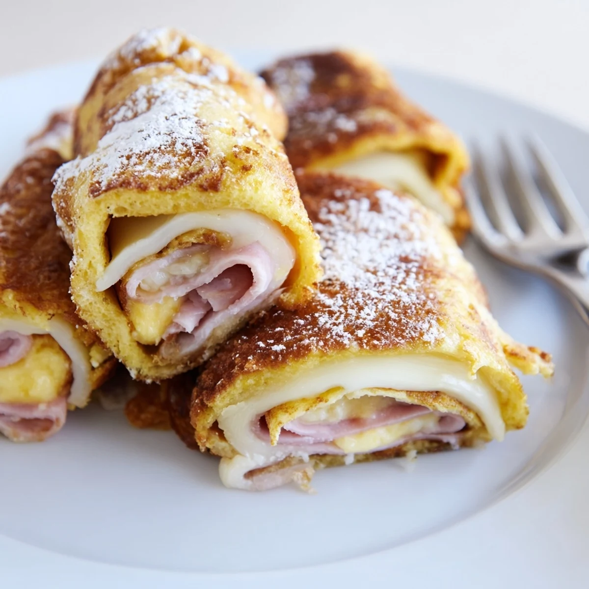 Savory Monte Cristo Roll Ups with melted Swiss cheese, ham, and turkey, resting on a checkered tablecloth beside jam.