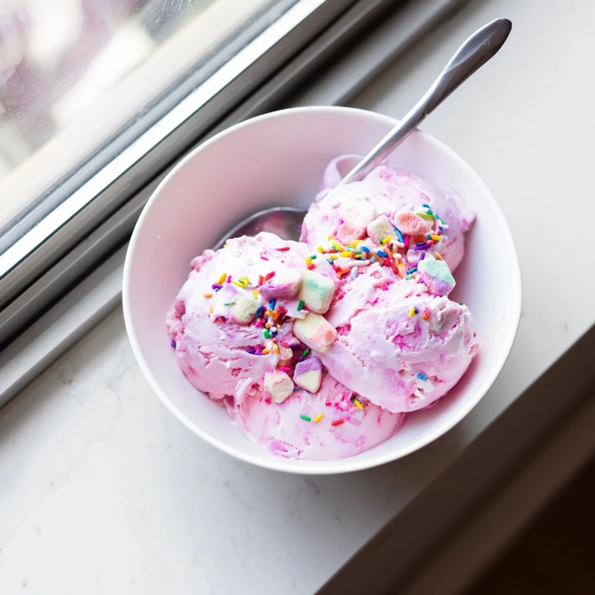 Creamy pink no churn bubblegum ice cream swirled with sprinkles and topped with candy in a loaf pan.