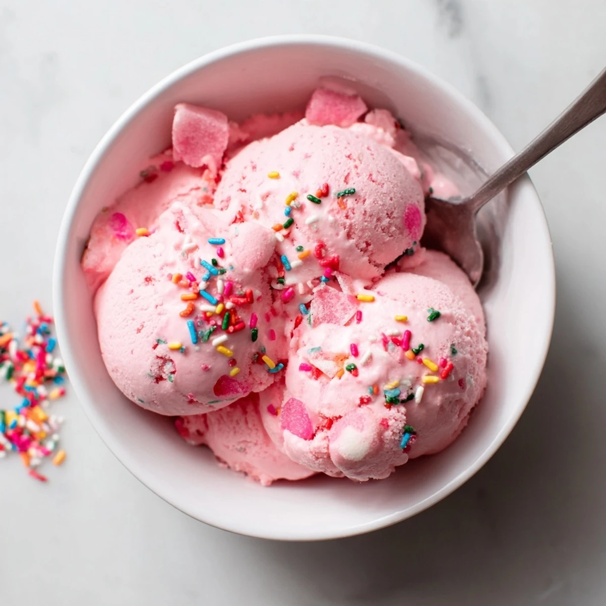 Scoops of no churn bubblegum ice cream served in a vintage bowl with extra bubblegum pieces on top.