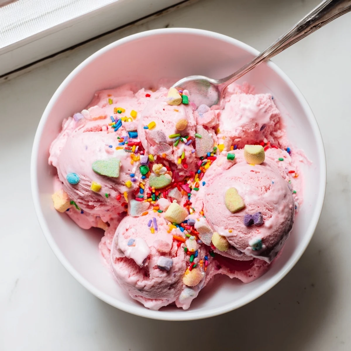 Homemade no churn bubblegum ice cream in a freezer container, ready to slice with a warm ice cream scoop.