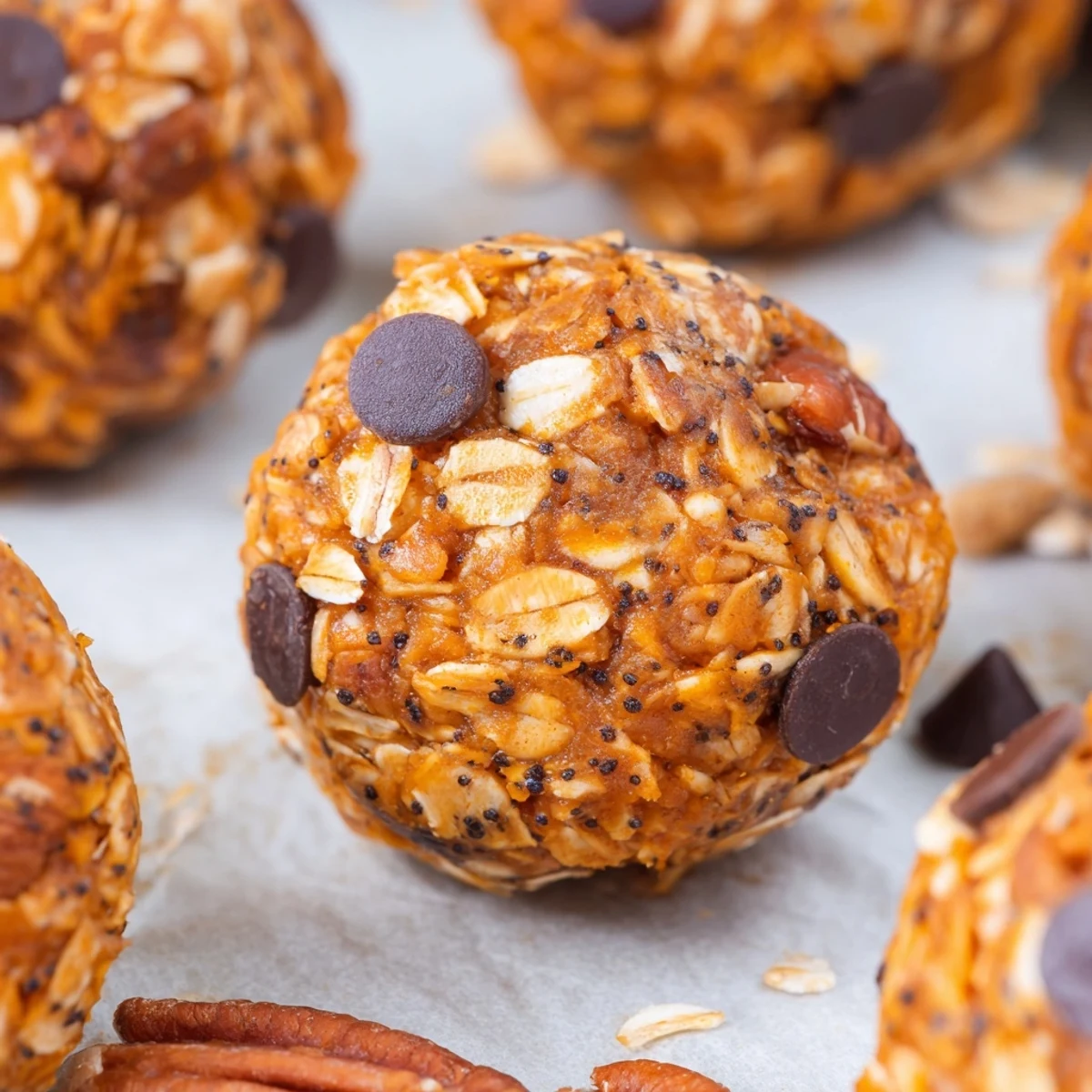 Chilled No Bake High Protein Pumpkin Bites on a wooden board, showcasing their soft texture and autumnal spice.